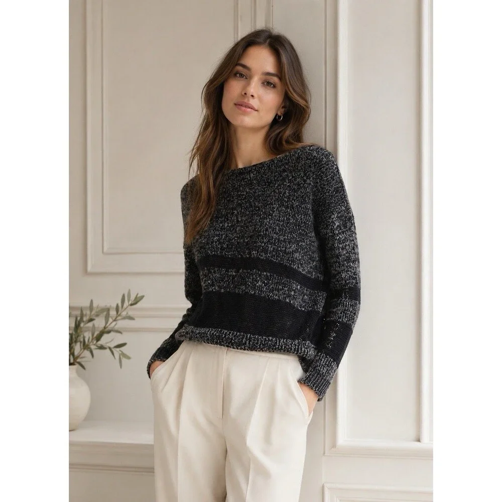 Alice + Olivia Women's M Gray Black Colorblock Linen Blend Open Knit Sweater